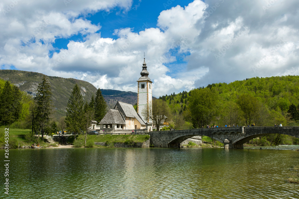 Obraz premium Ribcev laz, village on Bohinj lake in Slovenia, landscape,