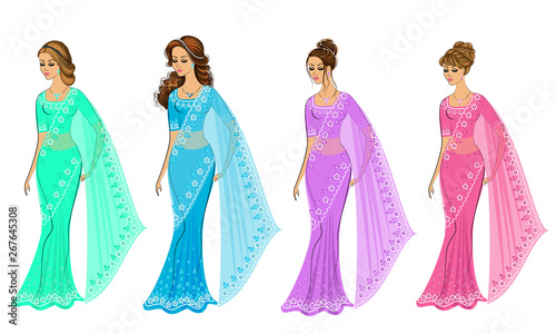 Collection. Silhouette of lovely ladies. The girls are dressed in saris, traditional Indian national clothes. Women are young and beautiful. Set of vector illustrations