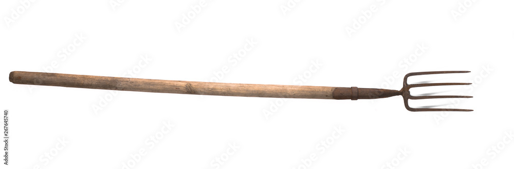 old rural peasant pitchfork on white background