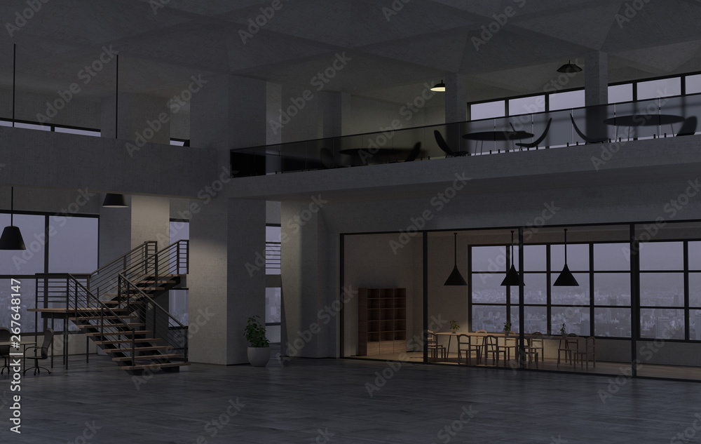 The modern office interior in the late evening. 3D render