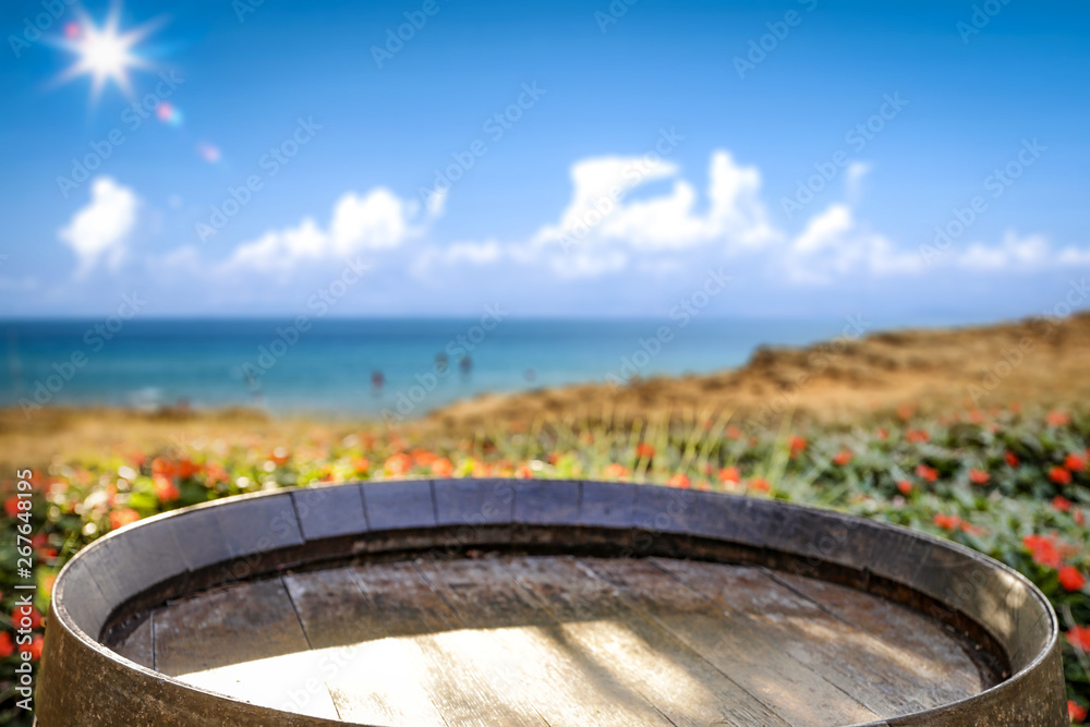 Summer day and wooden table background of free space. 