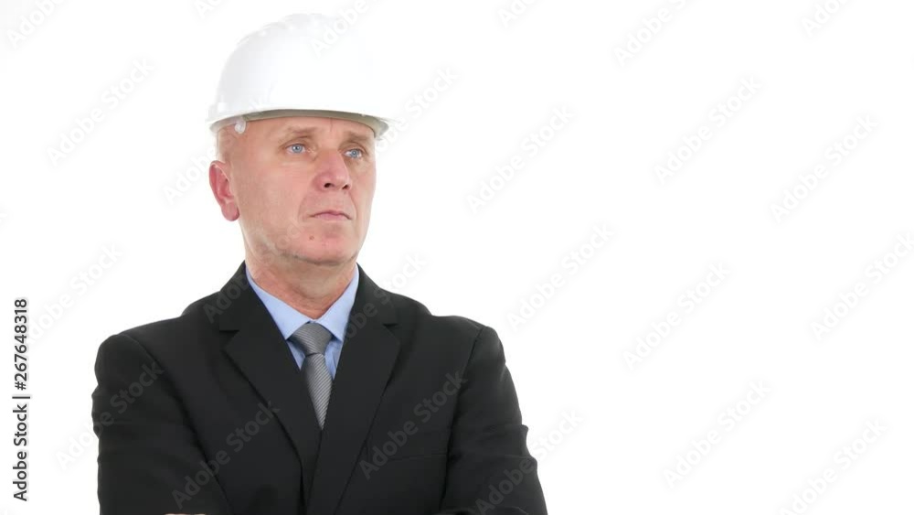 Serious Businessman Image Wearing Suit and Helmet Stay Sober in TV Presentation Serious Businessman Image Wearing Suit and Helmet Stay Sober in TV Presentation