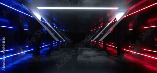 Hallway Futuristic Laser Neon Glowing Red Blue Pink Sci Fi Dark Empty Spaceship Alien Corridor Tunnel Reflective Concrete Grunge Vibrant Virtual Reality Modern Hall Underground 3D Rendering