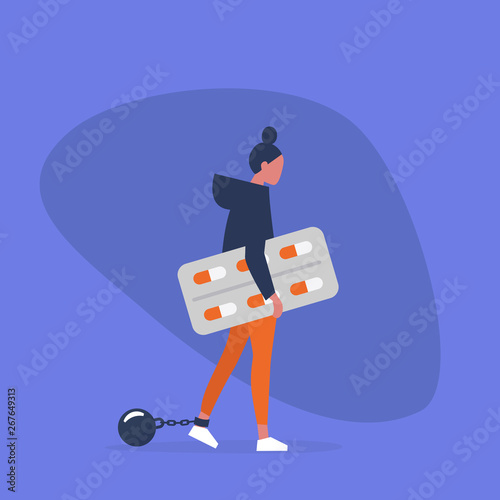 Young exhausted female character wearing shackles and holding a blister of pills. Depression. Antidepressant. Addiction. Modern problems. Mental health / flat editable vector illustration, clip art