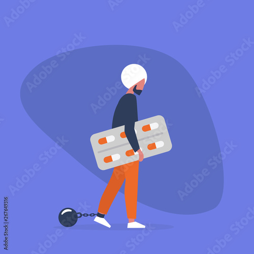 Young exhausted indian male character wearing shackles and holding a blister of pills. Depression. Antidepressant. Addiction. Modern problems. Mental health / flat editable vector illustration