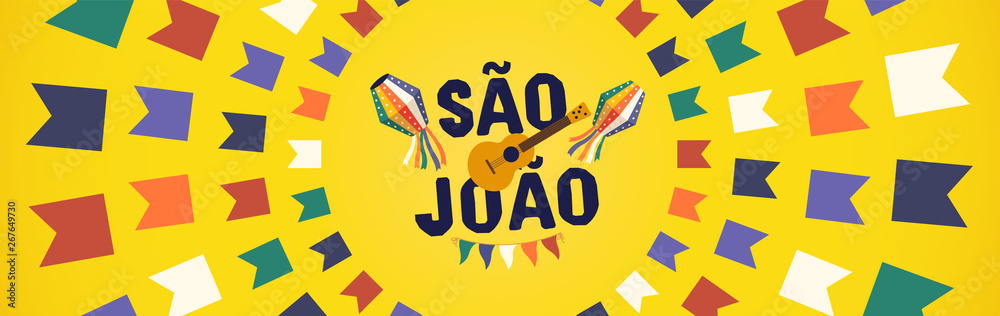 Brazilian Traditional Celebration Festa Junina. Portuguese Brazilian Text saying Hurray Saint John. Festa de Sao Joao. Festive Typographic Vector Art.