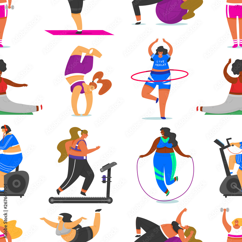 Fitness girls Plus Size seamless pattern. Health sport in club. Fat Woman doing exercises, loses weight, running on the simulator, warming up. Training pose in yoga classes, Cute female for background