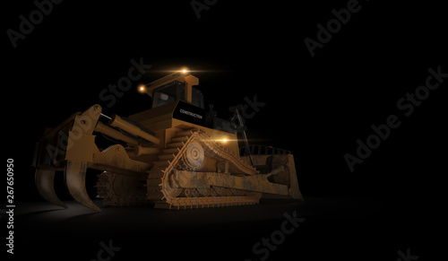 Heavy excavator with shovel standing on dark background. Low angle. 3d render