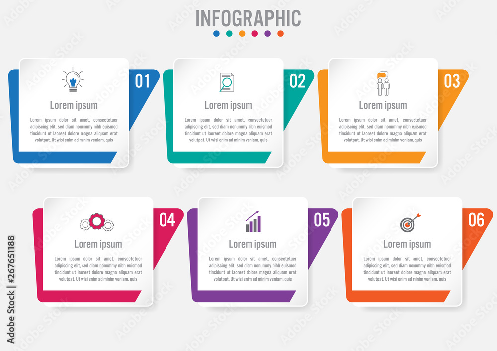 Business infographic template with 6 rectangular shape options