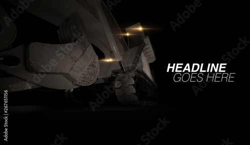 Heavy excavator with shovel standing on dark background. Low angle. 3d render © medvedsky_kz
