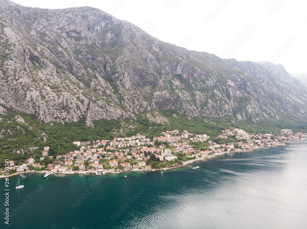 aerial view Small coast town in Kotor, Montenegro