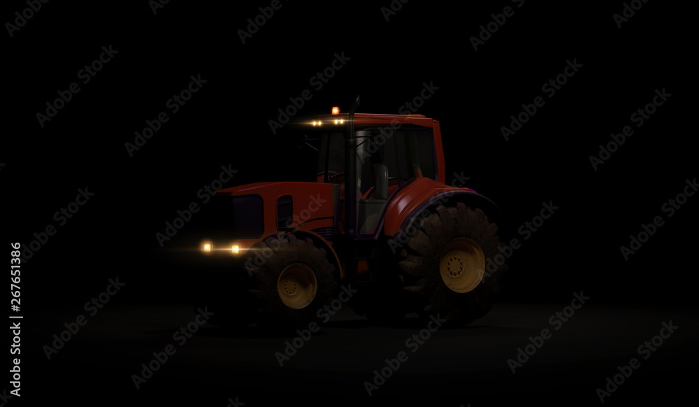 Obraz premium New tractor standing on black background, a modern agricultural transport with headlights closeup. 3d render.