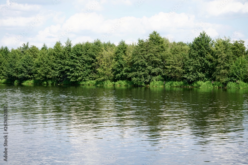 Obraz premium Sonnige, idyllische Flusslandschaft mit grünem Wald am Berliner Mauerweg in Hennigsdorf