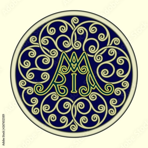 Baroque decorative iron lattice with a monogram of Our Lady, surrounded with volutes, in a ring frame