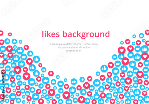 flat image on a white background, round icons with likes and hearts, social networks and the Internet