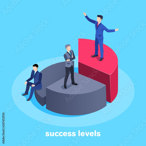 isometric vector image on a blue background, men in business suits on a pie chart divided into three pieces, different levels of success
