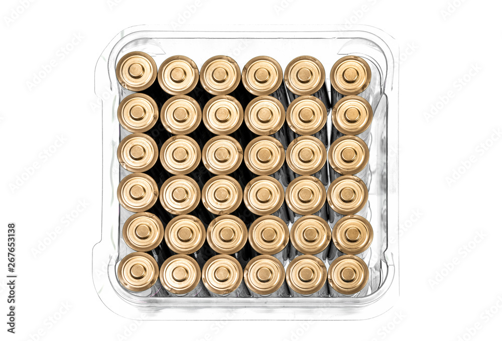 Case of New AA Batteries Isolated on White With Copy Space Case of New AA Batteries Isolated on White With Copy Space
