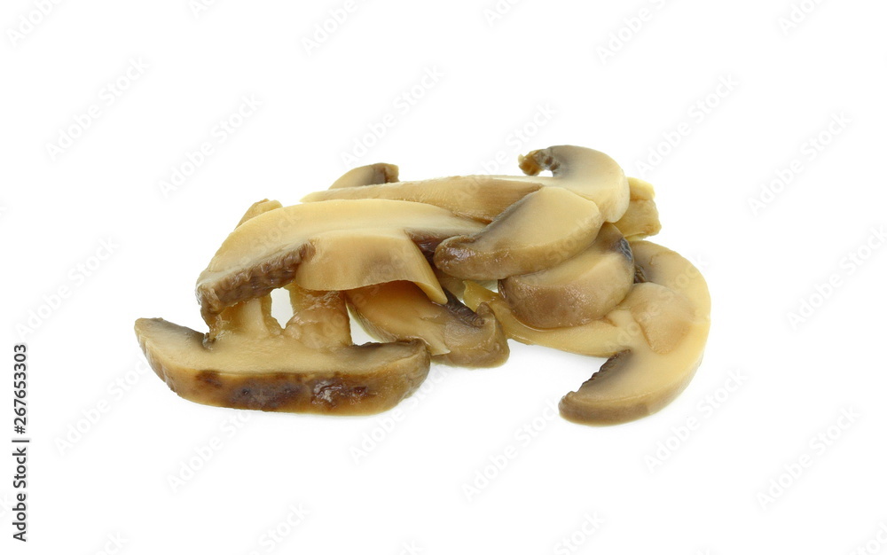 canned mushroom pieces on a white background. canned mushroom pieces on a white background.