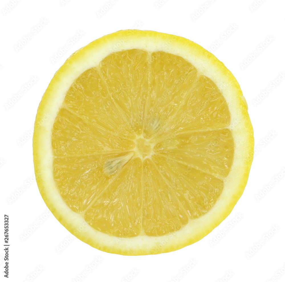 Juicy yellow slice of lemon on a white background isolated. Cut lemon fruits isolated on white background