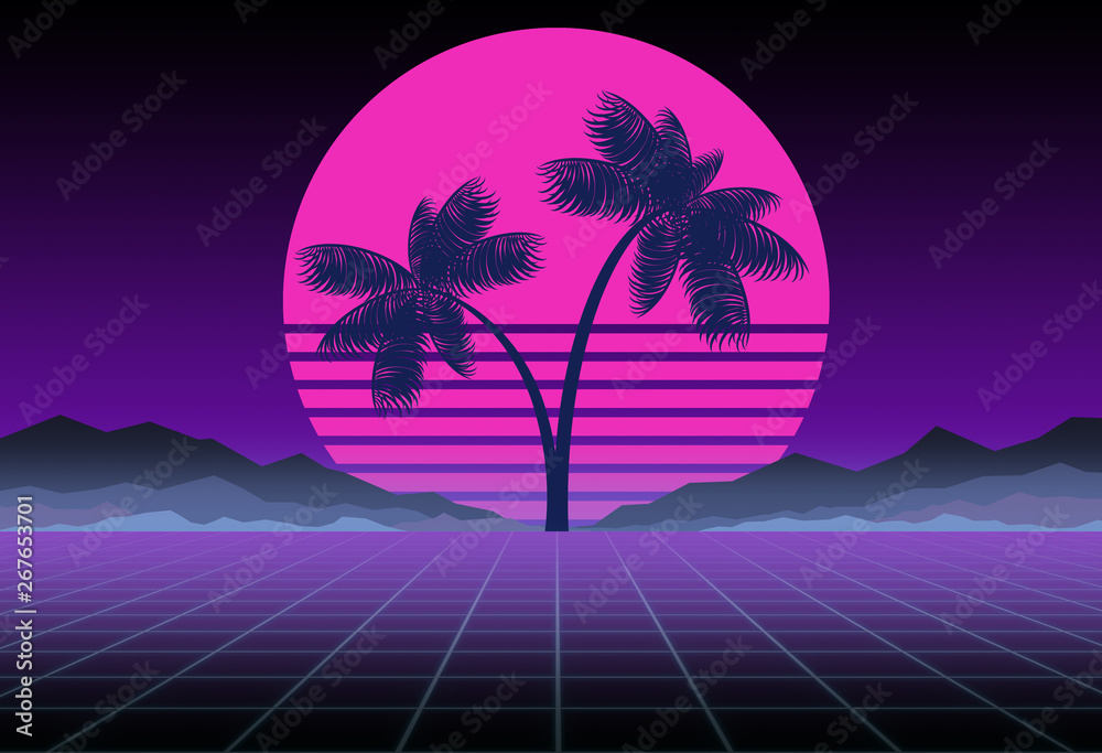 Synthwave and retrowave background template. Palms, sun and space in computer game. Retro design, rave music, 80s computer graphics and sci-fi concept.