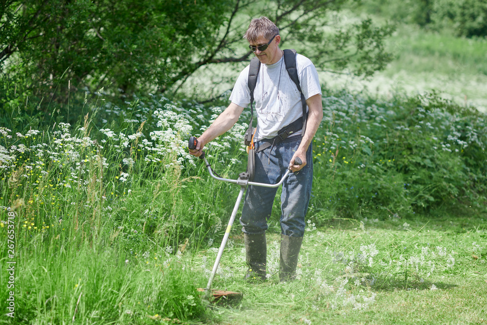 Country works on the personal plot using grass trimmer. Country works on the personal plot using grass trimmer.