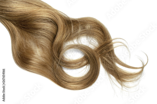 Disheveled brown hair isolated on white background. Long wavy ponytail