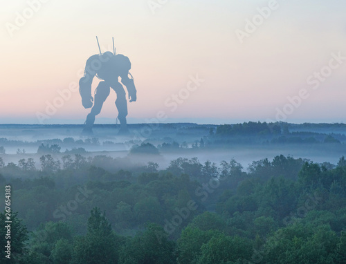 Sci-fi military giant battle machine. Humanoid robot in apocalypse countryside. Dystopia, science fiction, mech and combat technology concept. photo