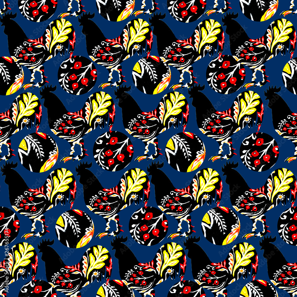 Naklejka premium Roosters with folk style flowers drawn with yellow and red colors on a dark blue background