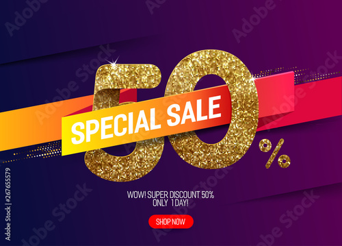 Shine golden sale 50% off with vivid paper ribbon, made from small gold glitter squares, pixel style. For special sale and discount offers.