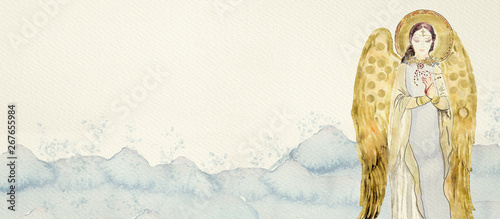 Obraz na plátně Watercolor gold angel. Christian banner