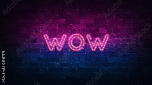 wow neon sign. purple and blue glow. neon text. Brick wall lit by neon lamps. Night lighting on the wall. 3d illustration. Trendy Design. light banner, bright advertisement