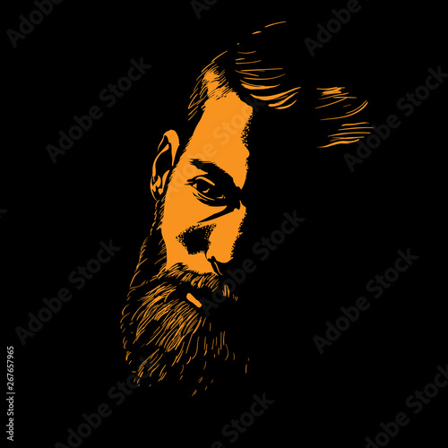 Bearded Man portrait silhouette in contrast backlight. Illustration.