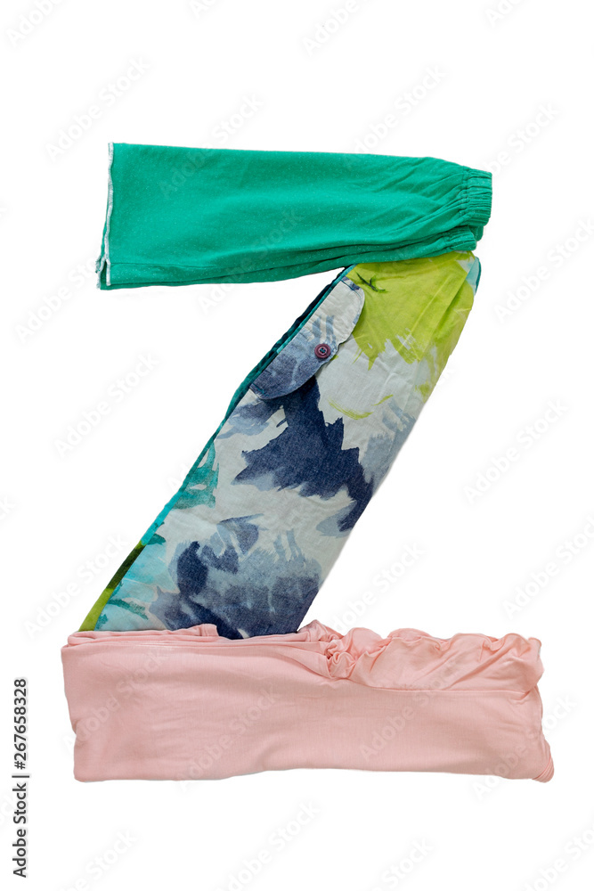 Letter Z made of different colored cloth on a white background. Isolated