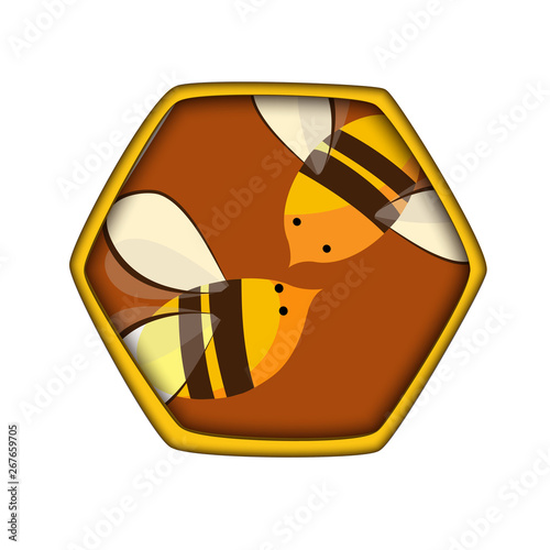 Honey comb icon with bees. Carving style, beekeepink logo. Vector illustration for Honey production packaging