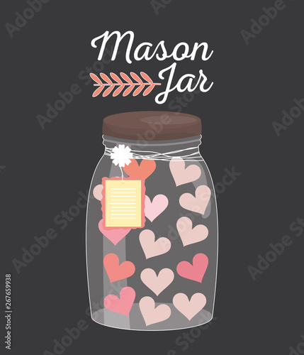 mason jar glass with hearts and tag hanging