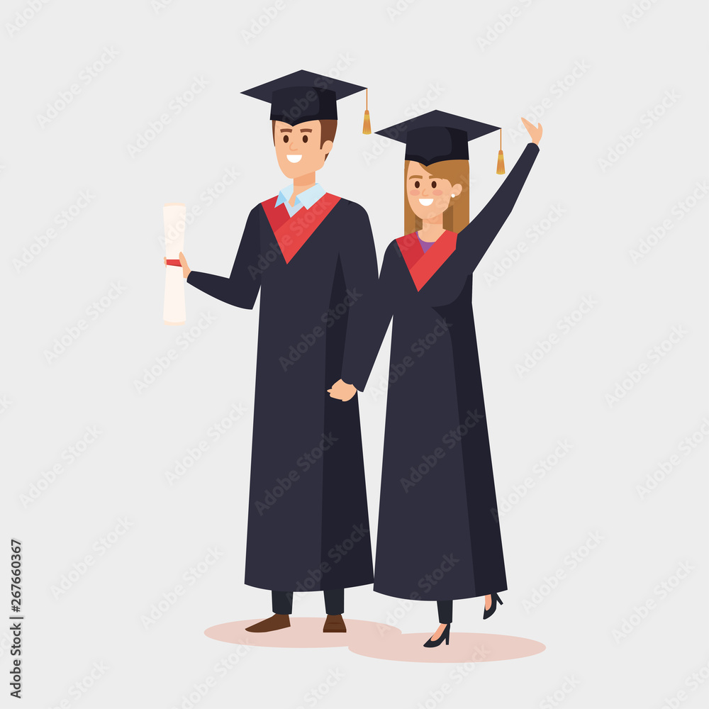 woman and man graduation together wearing rope and cap woman and man graduation together wearing rope and cap