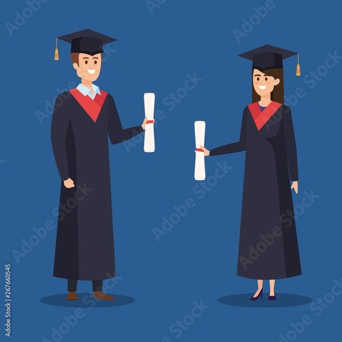 woman and man university graduation with rope and diploma