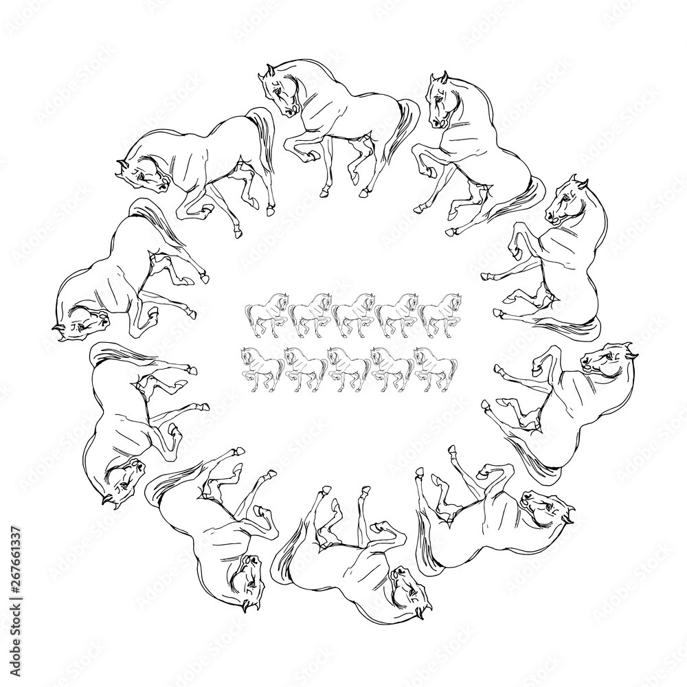 vector isolated wreath of images drawn prancing horses 
