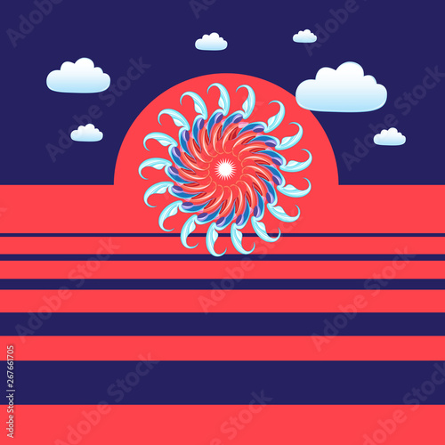 Abstract vector background with the sun and clouds on red