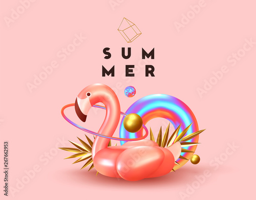 Background with 3d objects, bird shape pink flamingo, torus lifebuoy color gradient, golden balls and rings, gold palm leaves.