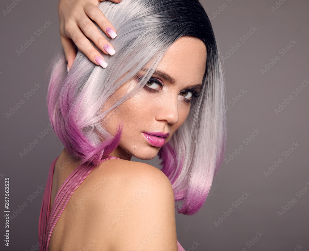 Girl Portrait of Ombre bob short hairstyle. Beautiful hair coloring woman.  Trendy puprle haircut. Blond model with short shiny haircuts isolated on  grey Background. Makeup. Beauty Salon. Stock Photo | Adobe Stock