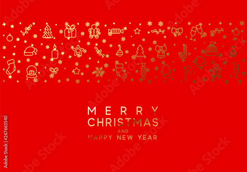 Merry Christmas red background with Xmas Golden objects, linear style design elements.