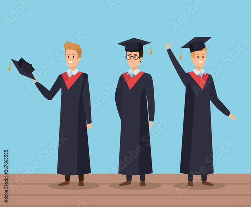 men university friends graduation with rope and cap