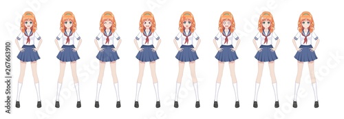 Anime manga schoolgirl in sailor suit, blue skirt