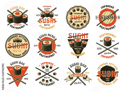 Sushi twelve colored vector emblems