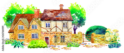 Scene with two countryhouses, fence, trees, bushes and plants. Watercolor old stone europe house. Hand drawn illustration