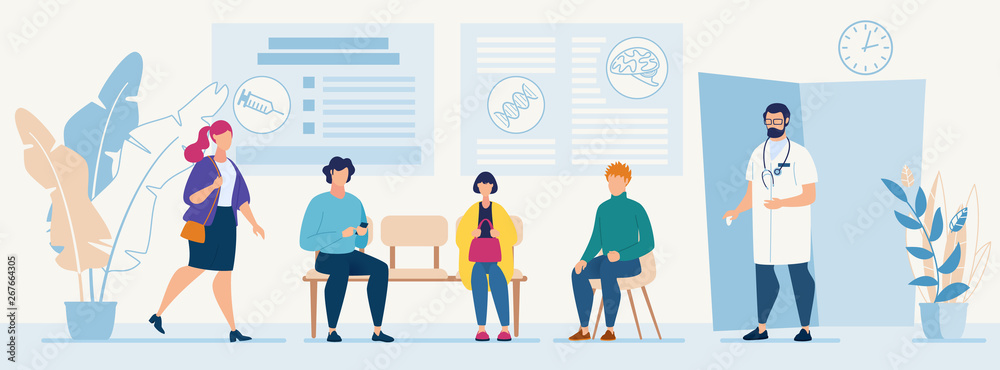Patients Sitting in Chairs Waiting Appointment Time at Hospital. Doctor Consultation Modern Clinic Vector Illustration. Man Physician in Uniform Welcoming Visitors Medical Diagnosis for Illness People