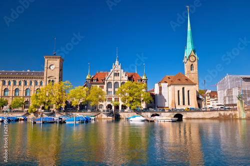 Zurich waterfront landmarks and church colorful view, Limmat river