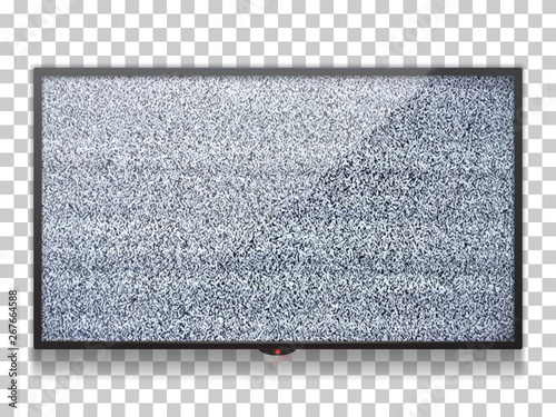 Realistic  flat lcd tv template with static tv black and white noise with glitch effect.