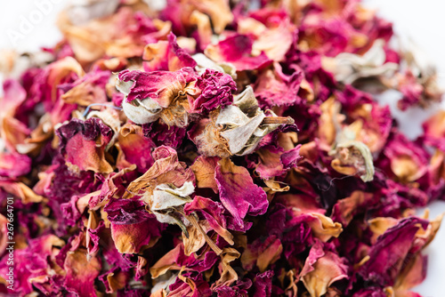 Close-up, rose flower dry tea on white background